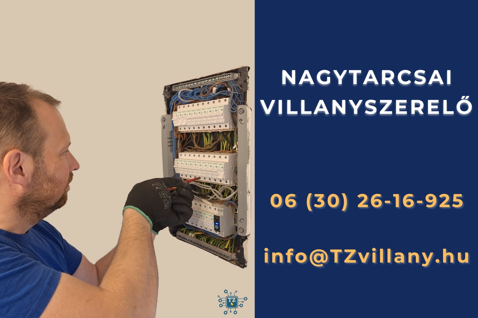 Villanyszerelő munka közben egy elosztószekrényben – Nagytarcsa